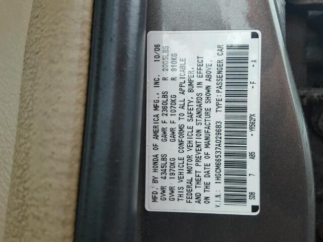 1HGCM66537A029683 - 2007 HONDA ACCORD EX GRAY photo 10