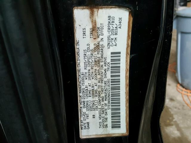 5TESN92NX2Z116381 - 2002 TOYOTA TACOMA XTR BLACK photo 10