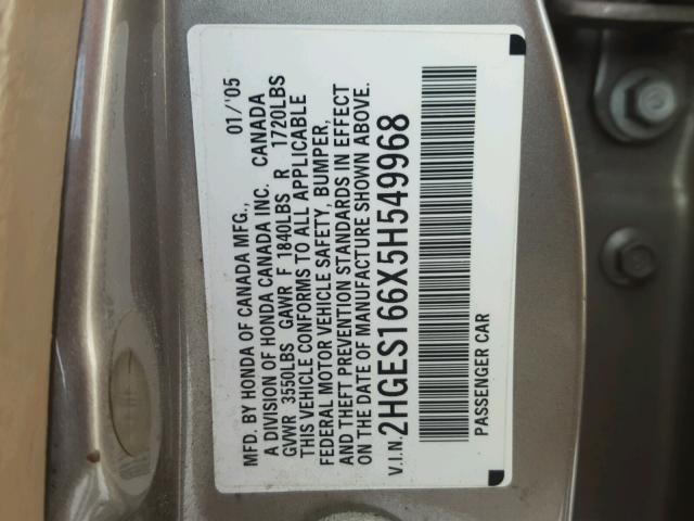 2HGES166X5H549968 - 2005 HONDA CIVIC LX SILVER photo 10