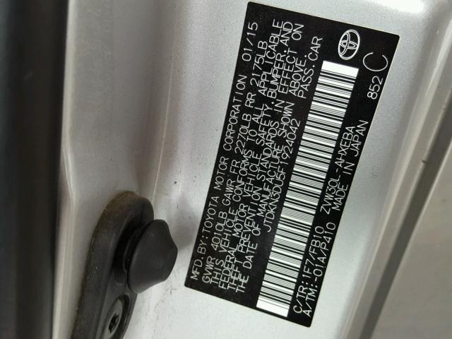 JTDKN3DU5F1924042 - 2015 TOYOTA PRIUS SILVER photo 10