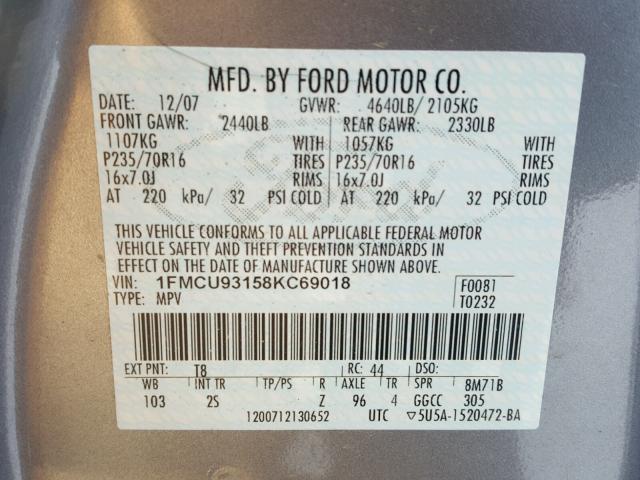 1FMCU93158KC69018 - 2008 FORD ESCAPE XLT GRAY photo 10