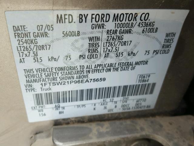 1FTSW21P96EA75659 - 2006 FORD F250 SUPER BROWN photo 10