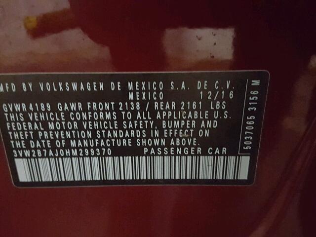 3VW2B7AJ0HM299370 - 2017 VOLKSWAGEN JETTA S 红色 照片 10