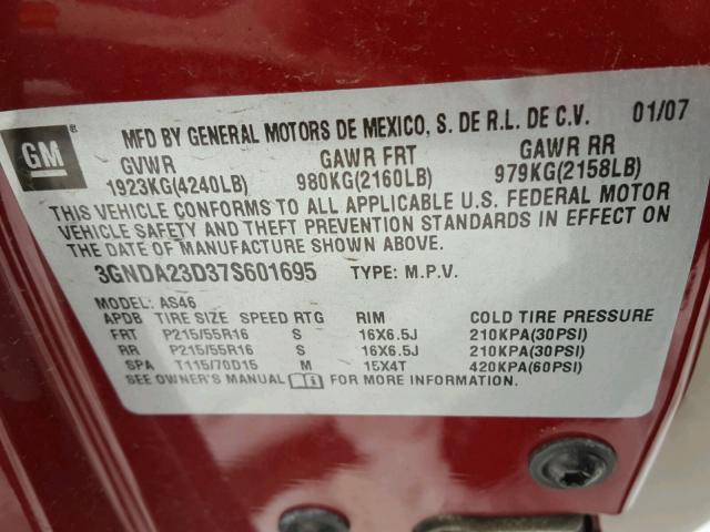 3GNDA23D37S601695 - 2007 CHEVROLET HHR LT RED photo 10