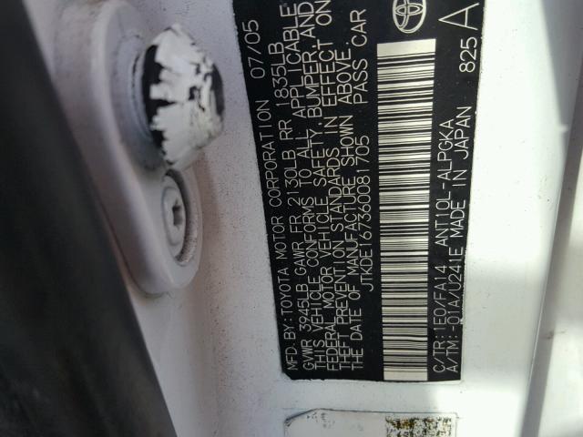 JTKDE167360081705 - 2006 TOYOTA SCION TC 白色 照片 10