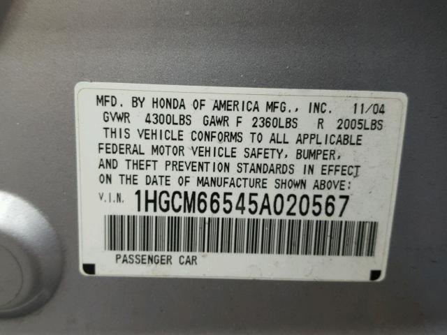 1HGCM66545A020567 - 2005 HONDA ACCORD EX SILVER photo 10