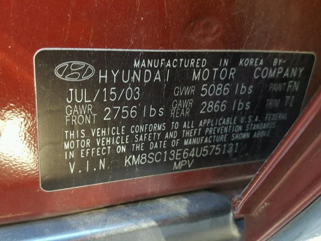 KM8SC13E64U575131 - 2004 HYUNDAI SANTA FE G BURGUNDY photo 10