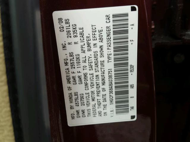 1HGCP36848A038751 - 2008 HONDA ACCORD EXL BURGUNDY photo 10