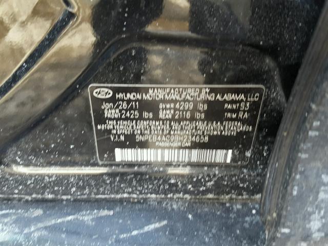 5NPEB4AC9BH234658 - 2011 HYUNDAI SONATA GLS BLACK photo 10