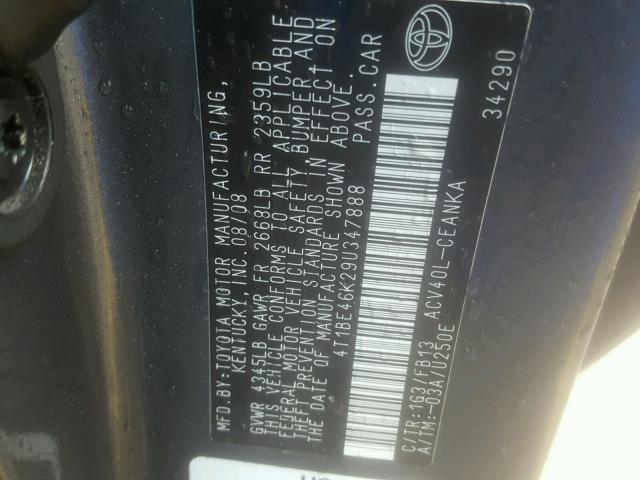 4T1BE46K29U347888 - 2009 TOYOTA CAMRY BASE CHARCOAL photo 10