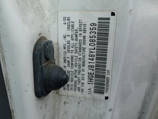 1HGEJ8148YL085359 - 2000 HONDA CIVIC EX 白色 照片 10