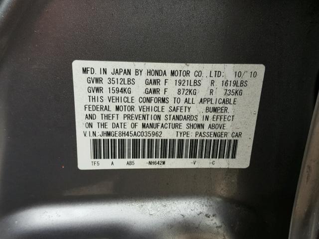 JHMGE8H45AC035962 - 2010 HONDA FIT SPORT SILVER photo 10