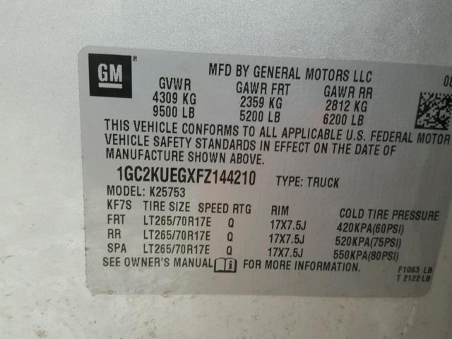 1GC2KUEGXFZ144210 - 2015 CHEVROLET SILVERADO SILVER photo 10