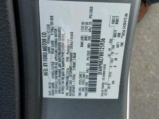 3FAHP08Z78R125936 - 2008 FORD FUSION SEL GRAY photo 10