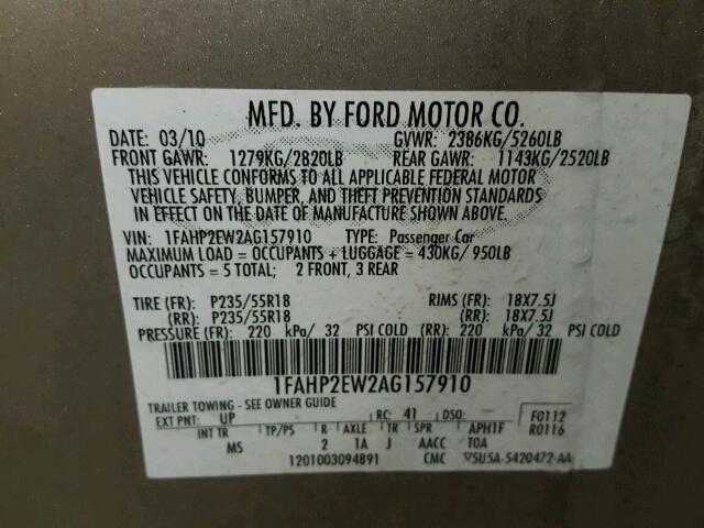 1FAHP2EW2AG157910 - 2010 FORD TAURUS SEL TAN photo 10