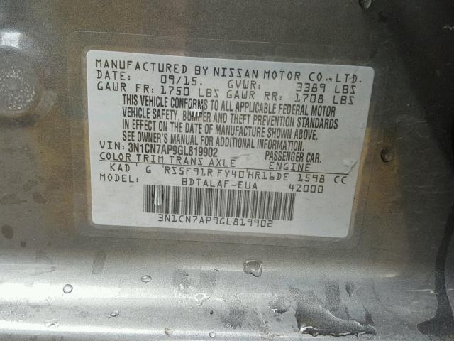 3N1CN7AP9GL819902 - 2016 NISSAN VERSA S CHARCOAL photo 10