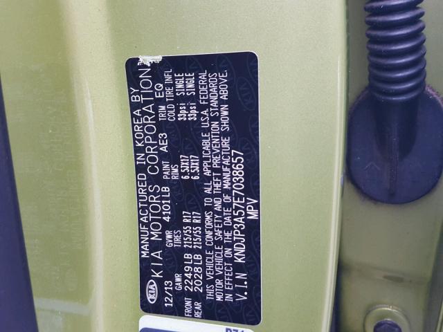 KNDJP3A57E7038657 - 2014 KIA SOUL + GREEN photo 10