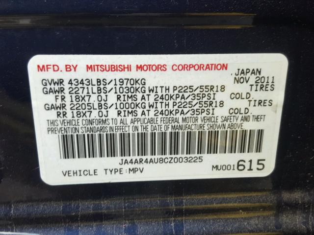 JA4AR4AU8CZ003225 - 2012 MITSUBISHI OUTLANDER BLUE photo 10