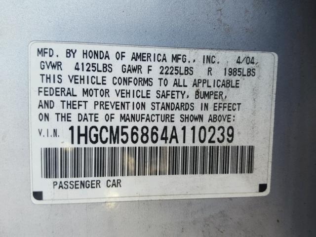 1HGCM56864A110239 - 2004 HONDA ACCORD EX SILVER photo 10