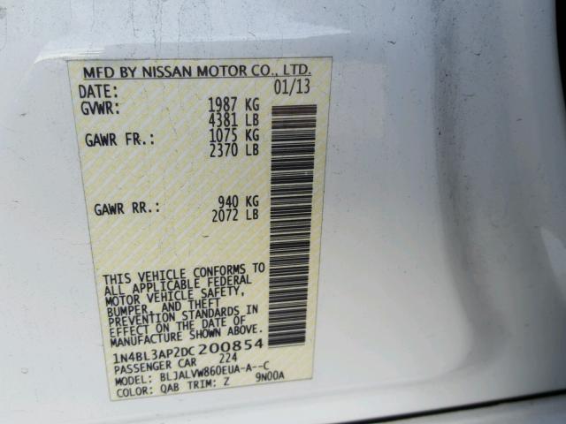 1N4BL3AP2DC200854 - 2013 NISSAN ALTIMA 3.5 WHITE photo 10