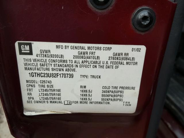 1GTHC23U82F170739 - 2002 GMC SIERRA C25 BURGUNDY photo 10