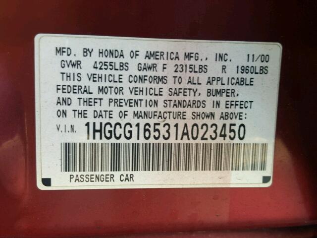 1HGCG16531A023450 - 2001 HONDA ACCORD EX RED photo 10