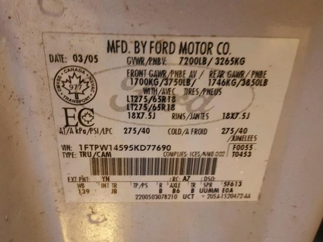 1FTPW14595KD77690 - 2005 FORD F150 SUPER SILVER photo 10