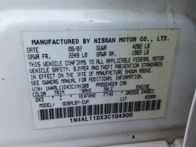 1N4AL11DX3C104300 - 2003 NISSAN ALTIMA BAS WHITE photo 10