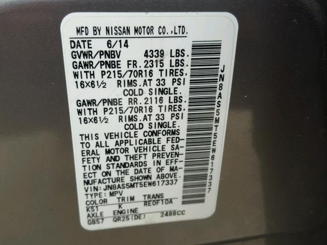 JN8AS5MT5EW617337 - 2014 NISSAN ROGUE SELE GRAY photo 10