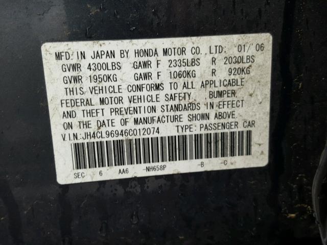 JH4CL96946C012074 - 2006 ACURA TSX CHARCOAL photo 10