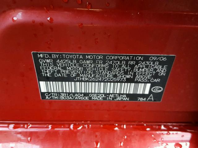 JTHBK262472025973 - 2007 LEXUS IS 250 RED photo 10