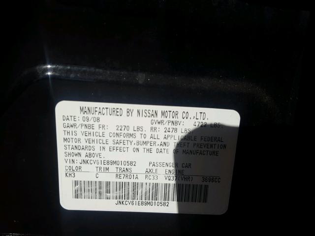 JNKCV61E89M010582 - 2009 INFINITI G37 BASE BLACK photo 10