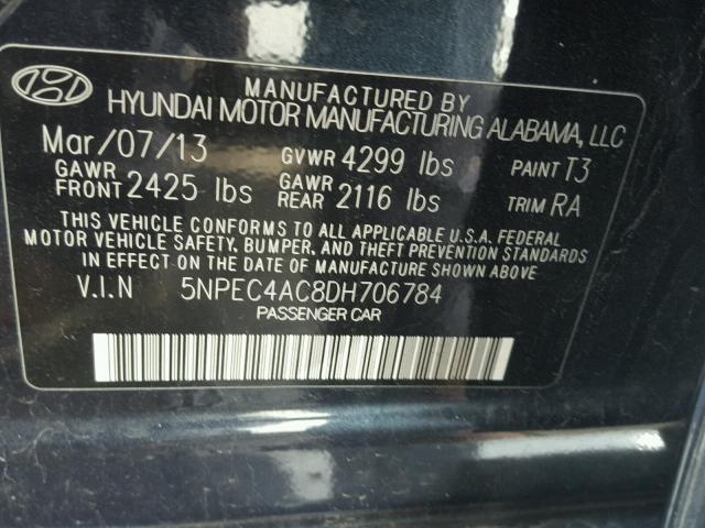 5NPEC4AC8DH706784 - 2013 HYUNDAI SONATA SE BLUE photo 10