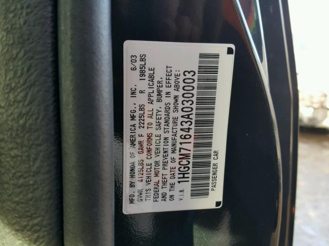 1HGCM71643A030003 - 2003 HONDA ACCORD EX CHARCOAL photo 10