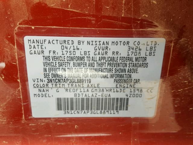 3N1CN7AP3GL889119 - 2016 NISSAN VERSA S RED photo 10