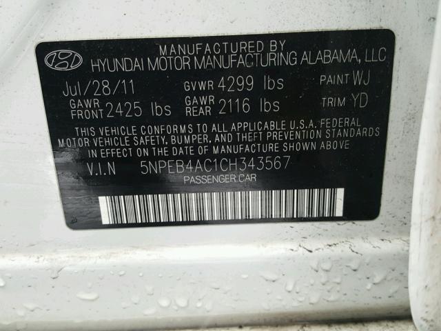 5NPEB4AC1CH343567 - 2012 HYUNDAI SONATA GLS WHITE photo 10