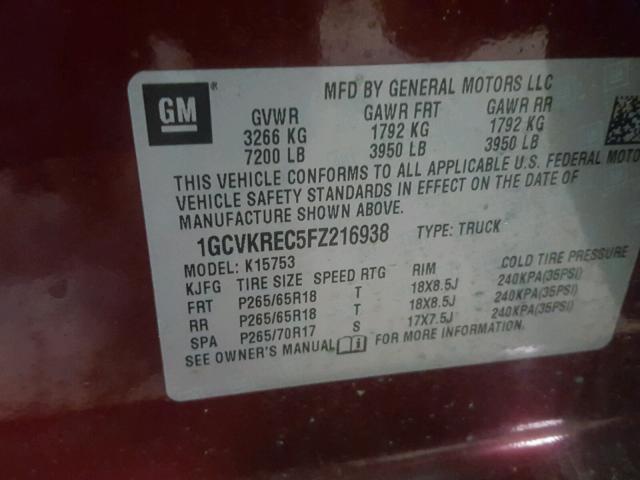 1GCVKREC5FZ216938 - 2015 CHEVROLET SILVERADO RED photo 10