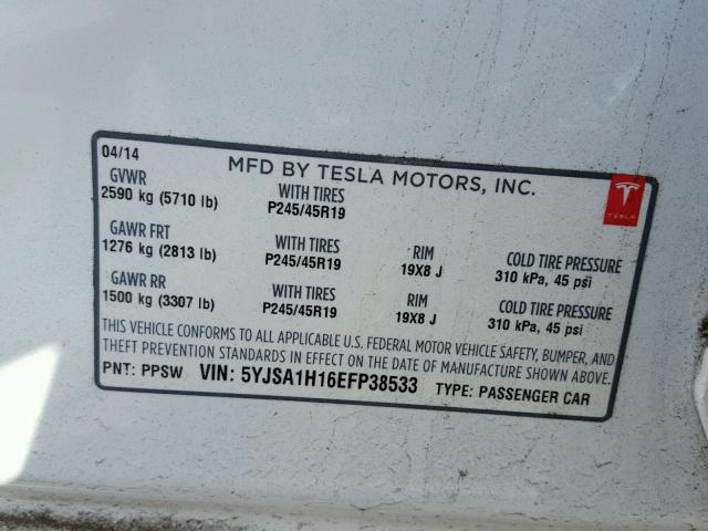 5YJSA1H16EFP38533 - 2014 TESLA MODEL S WHITE photo 10