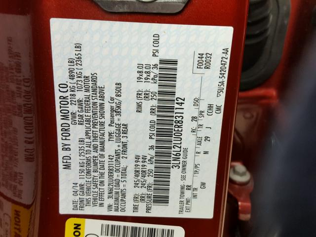 3LN6L2LU0ER831142 - 2014 LINCOLN MKZ HYBRID RED photo 10