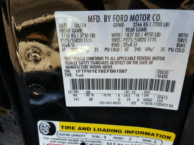 1FTFW1ET8EFB61587 - 2014 FORD F150 SUPER BLACK photo 10