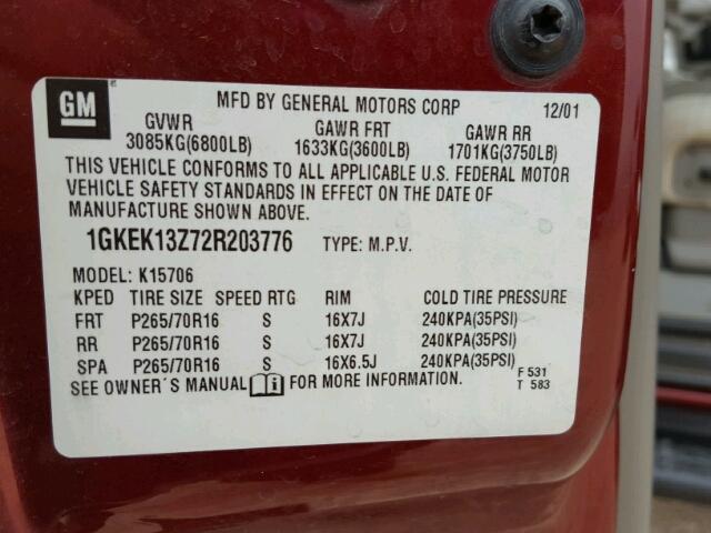 1GKEK13Z72R203776 - 2002 GMC YUKON RED photo 10