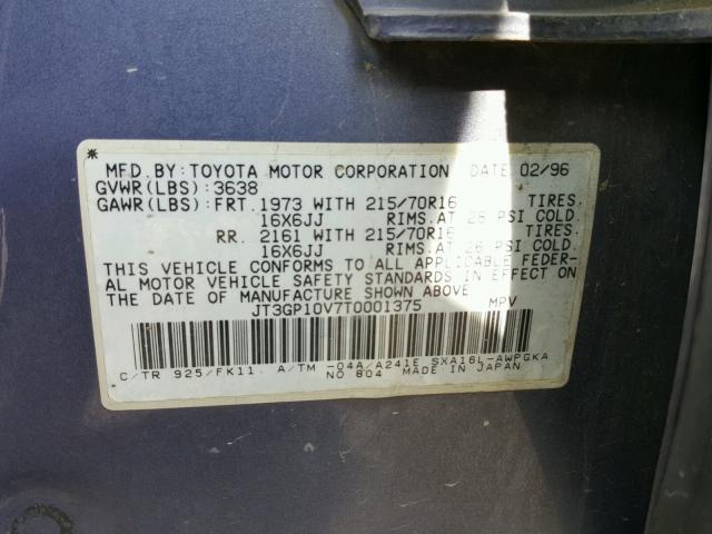 JT3GP10V7T0001375 - 1996 TOYOTA RAV4 GRAY photo 10