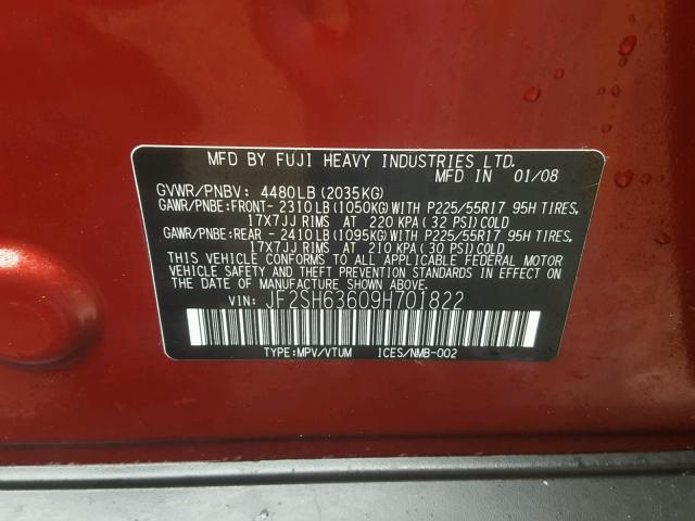 JF2SH63609H701822 - 2009 SUBARU FORESTER 2 RED photo 10