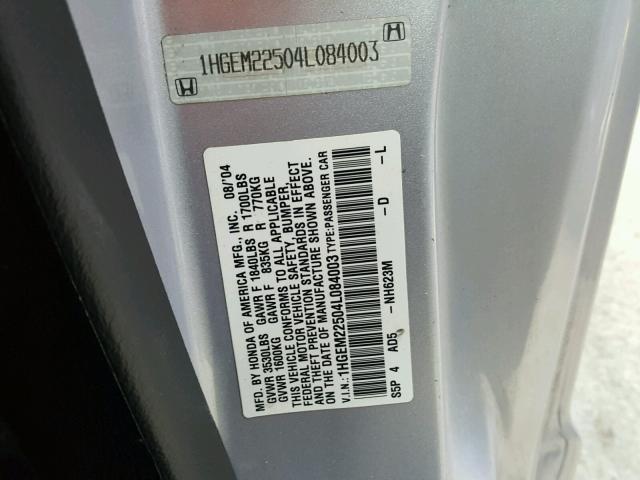 1HGEM22504L084003 - 2004 HONDA CIVIC LX GRAY photo 10