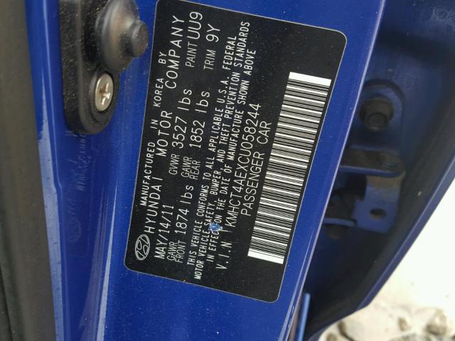 KMHCT4AEXCU058244 - 2012 HYUNDAI ACCENT GLS BLUE photo 10