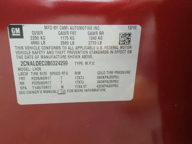 2CNALDEC0B6324299 - 2011 CHEVROLET EQUINOX LT RED photo 10