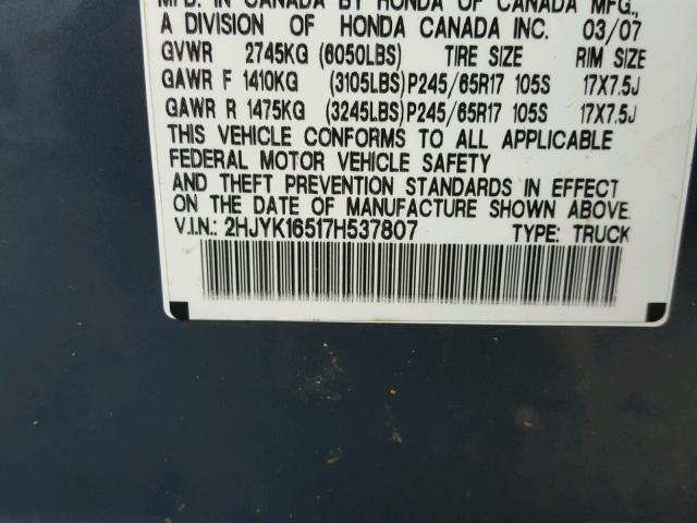 2HJYK16517H537807 - 2007 HONDA RIDGELINE BLUE photo 10