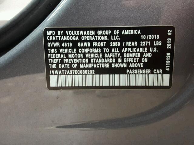 1VWAT7A37EC035232 - 2014 VOLKSWAGEN PASSAT S ნაცრისფერი ფოტო 10