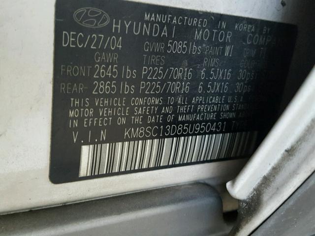 KM8SC13D85U950431 - 2005 HYUNDAI SANTA FE G WHITE photo 10