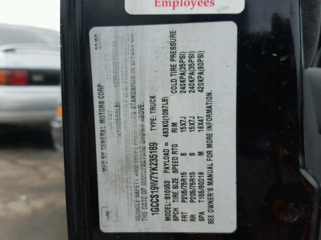 1GCCS19W7YK235189 - 2000 CHEVROLET S TRUCK S1 BLACK photo 10